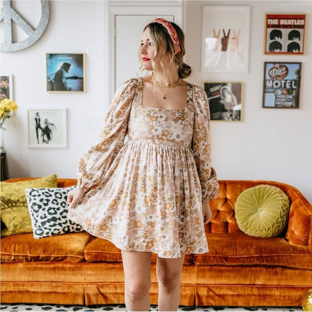 Vada Winter X Maverick Blythe Mini Dress Shimmering Floral Tan/Orange Size S